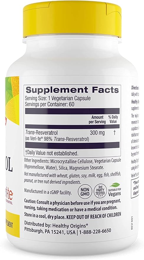 Healthy Origins Resveratrol (Trans-Resveratrol), 300 mg - European Resveratrol Nutritional Supplements - Vegan, Non-GMO & Gluten-Free Antioxidant Supplement - 60 Veggie Capsules