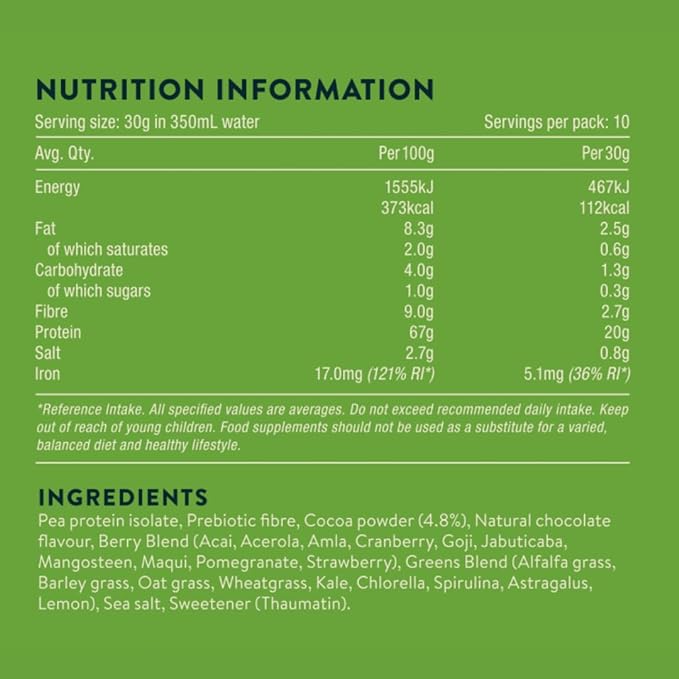 Nuzest – Protein Greens + Berries – Superfood Powder – Plant Protein Blend - 300g / 10.6 oz Pouch (10 Servings) (Cocoa, 300g)