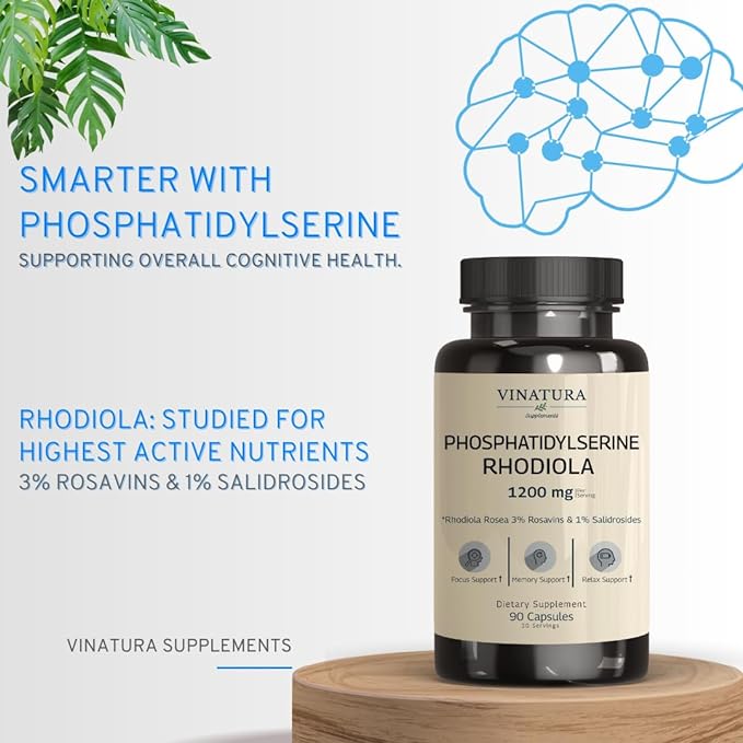 PhosphatidylSerine Rhodiola Rosea 1200mg per Serving, 3% Rosavins & 1% Salidrosides - Calm, Brain Booster, Brain Supplements for Memory and Focus - 90 Capsules 45 Servings