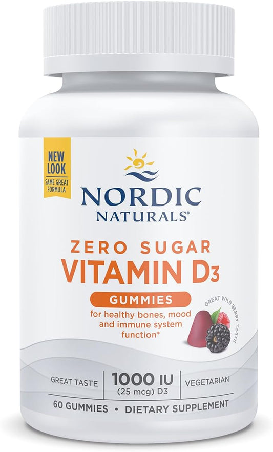 Nordic Naturals Zero Sugar Vitamin D3 Gummies, Wild Berry - 60 Gummies - 1000 IU Vitamin D3 - Great Taste - Healthy Bones, Mood & Immune System Function - Non-GMO - 60 Servings