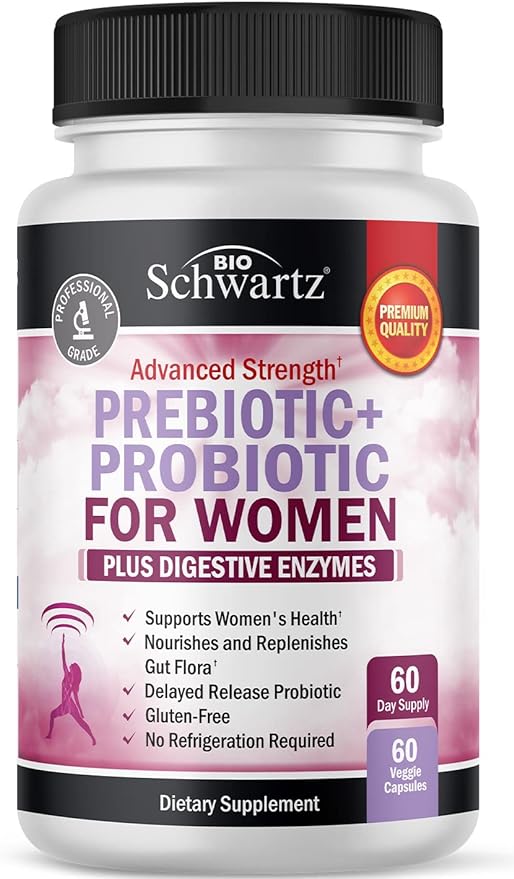 Prebiotics and Probiotics for Women - with Black Cohosh and Red Clover for Gut, Vaginal and Immune Health Support, Whole Food Digestive Enzymes Capsules, Lactobacillus Probiotic Supplement, 60 Count