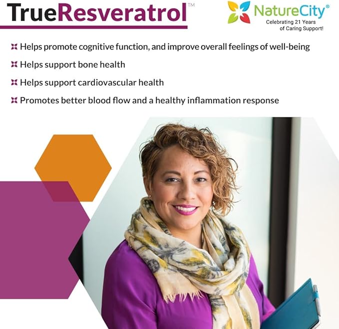 True-Resveratrol - 75mg of 98% Pure Veri-te | Trans-Resveratrol Antioxidants Supplement (60 Veggie Capsules) | Anti Aging Supplement | Immune, Bone, and Cognitive Support | Knotweed Free