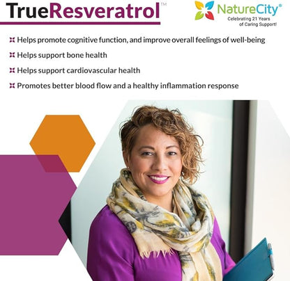 True-Resveratrol - 75mg of 98% Pure Veri-te | Trans-Resveratrol Antioxidants Supplement (60 Veggie Capsules) | Anti Aging Supplement | Immune, Bone, and Cognitive Support | Knotweed Free