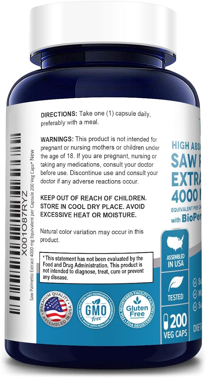 NusaPure Saw Palmetto 4,000mg per Veggie Caps 200 Count (Extract 20:1, Non-GMO, Gluten Free, Vegetarian, Bioperine)