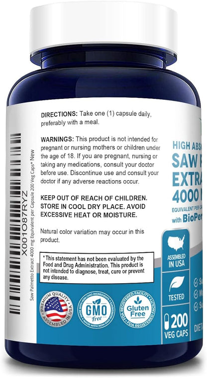 NusaPure Saw Palmetto 4,000mg per Veggie Caps 200 Count (Extract 20:1, Non-GMO, Gluten Free, Vegetarian, Bioperine)