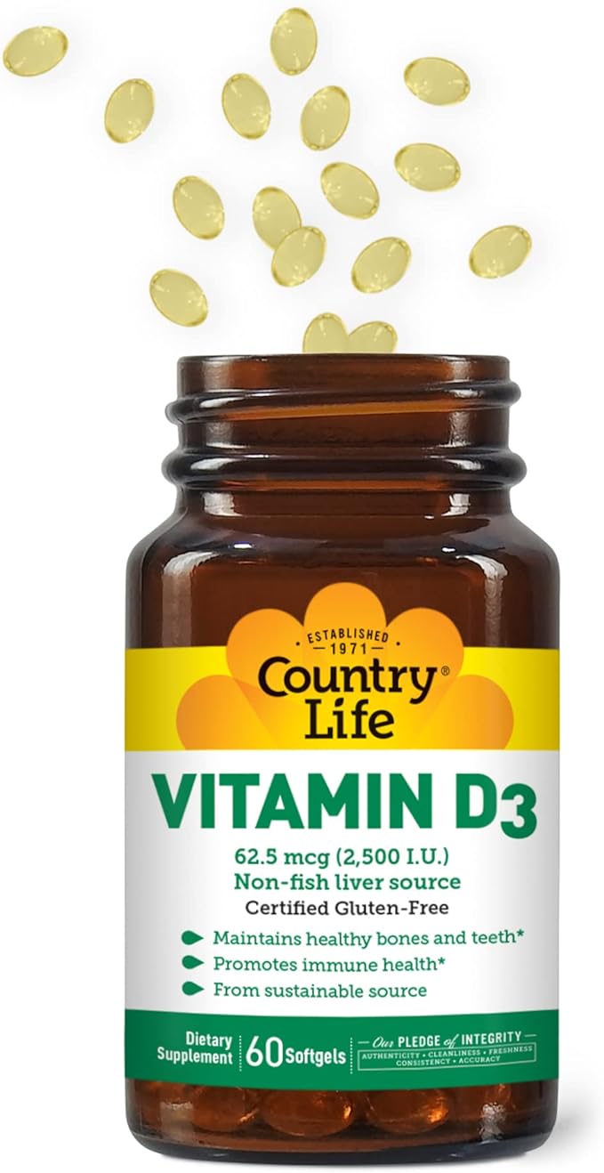 Country Life Vitamin D3, Non-Fish 2500 IU, 60 Softgels, Certified Gluten Free