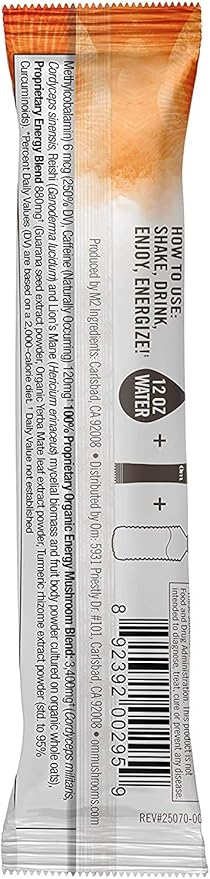 Om Mushroom Superfood Energy Plus Mushroom Powder Drink Mix, Citrus Orange, Single Serve, 10 Count, Mushroom Blend, Cordyceps, Yerba Mate, Tumeric, Vitamin B Complex, Pre-Workout, Immune Supplement