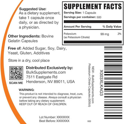 BulkSupplements.com Potassium Citrate Capsules - Potassium Supplement, Potassium Citrate 99mg - Potassium Citrate Supplement, Potassium Pills - 1 Capsule per Serving, 500 Capsules (Pack of 1)