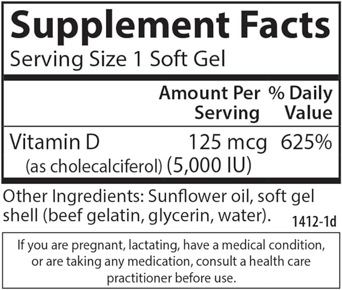 Carlson - Vitamin D3 5000 IU (125 mcg), Bone Health, Muscle Health, Cholecalciferol, Vitamin D Supplements, Vitamin D3 Soft Gels, 360 Softgels