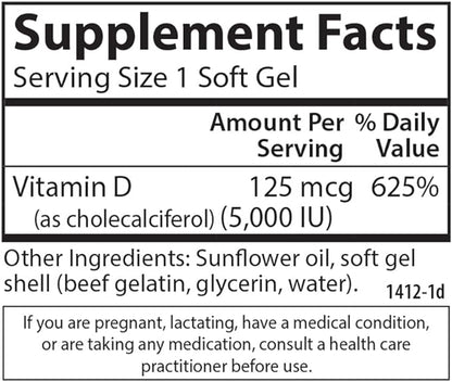 Carlson - Vitamin D3 5000 IU (125 mcg), Bone Health, Muscle Health, Cholecalciferol, Vitamin D Supplements, Vitamin D3 Soft Gels, 360 Softgels