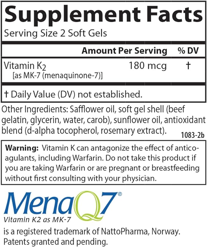 Carlson - Vitamin K2 MK-7 (Menaquinone), 180 mcg, Bone Support, Calcium Bioavailability, K2 Vitamin, Vitamin K-2, 180 Softgels