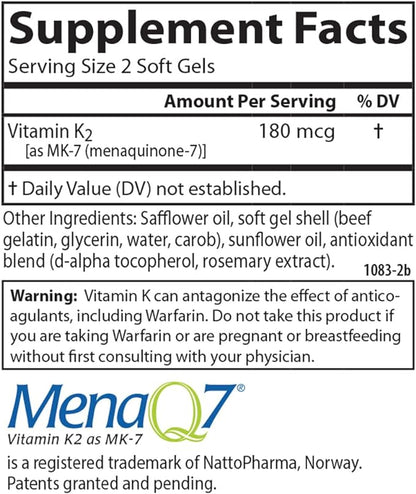 Carlson - Vitamin K2 MK-7 (Menaquinone), 180 mcg, Bone Support, Calcium Bioavailability, K2 Vitamin, Vitamin K-2, 180 Softgels