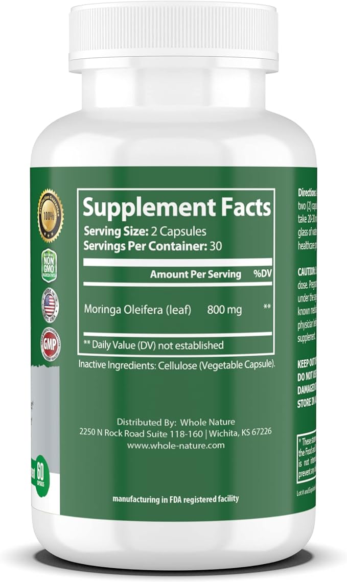 Moringa Capsules, 800mg Organic Moringa Oleifera Leaves Powder Superfood Greens Pure Moringa Pills is A Vegan, Non-GMO Energy Booster and Immune Support Supplement. (3)