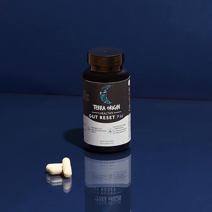 TERRA ORIGIN Healthy Gut Reset PM | 60 Veggie Caps | Supports Gut Health and Relaxation + Sleep-Wake Cycle | L-Glutamine, Licorice Root, Slippery Elm Root, Melatonin and More!