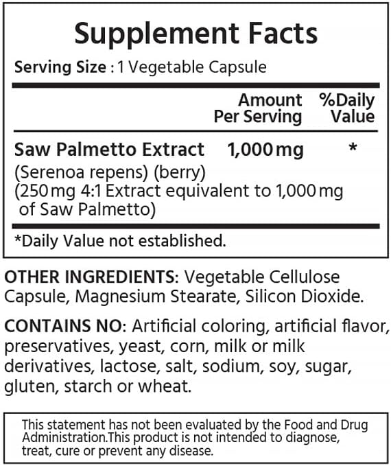 Saw Palmetto 1000 mg 180 Vegetable Capsules. Premium Quality 4:1 Extract. Prostate, Urinary Health, Hair Growth, and Help Prevent Hair Loss.