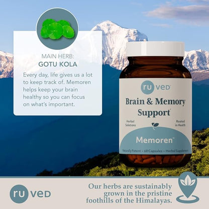 ruved Memoren, All-Natural Ayurvedic Focus and Memory Support with Ginkgo Biloba, Gotu Kola and Bacopa, Brain Health and Stress Care Supplement for Adults, 60 Vegetarian Capsules