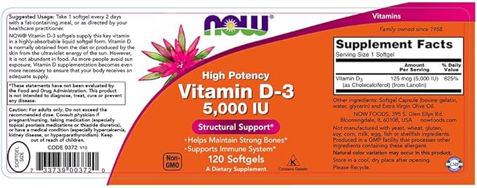 NOW Vitamin D-3 5,000 IU,120 Softgels