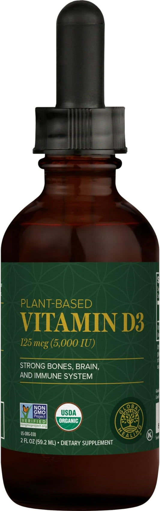 Global Healing USDA Organic Vitamin D3 5000IU Liquid Supplement Drops for Women & Men- Non-GMO Helps Support Bones and Immune System. Vegan-Friendly Formula Delivers Active Form of Vitamin D(2 Fl Oz)