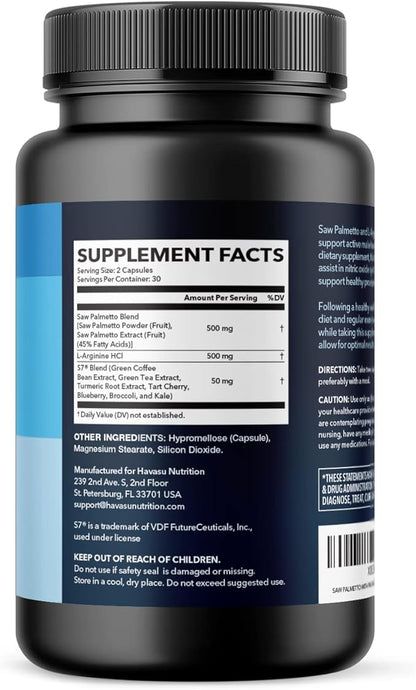 Saw Palmetto for Men with L Arginine Supplement | Hair Health & Male Health Support | L-Arginine Saw Palmetto Supplement with S7 Plant-Based Ingredients | Performance & Endurance | 60 Male Pills