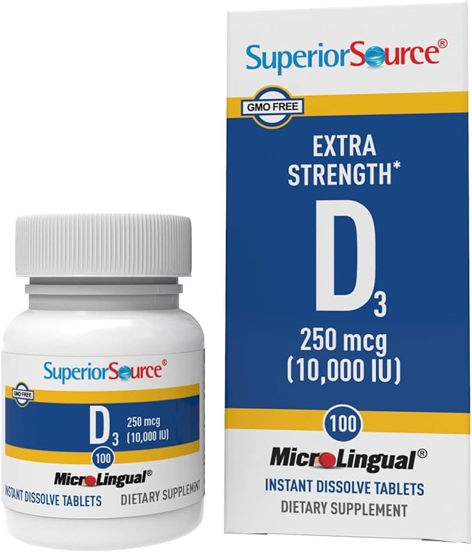 Superior Source Vitamin D3 10000 IU, Quick Dissolve MicroLingual Tablets, 100 Count, Helps Promote Strong Bones and Teeth, Immune Support, Helps Maintain Healthy Muscle Function, Non-GMO