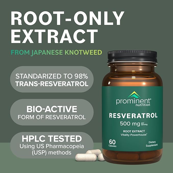 Resveratrol - 98% Pure Trans-Resveratrol from Japanese Knotweed, Highly Purified Antioxidant Supplement with Anti-Aging and Immune Support, 500 mg Per Serving, 1-Month Supply