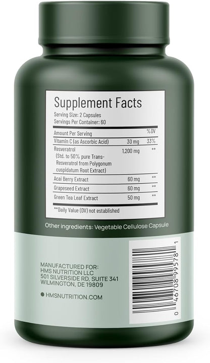 Resveratrol 1400mg 120 Capsules High Potency Trans-Resveratrol with Powerful Antioxidents Acai Grapeseed Green Tea Supports Cellular and Cardiovascular Health Anti-Aging