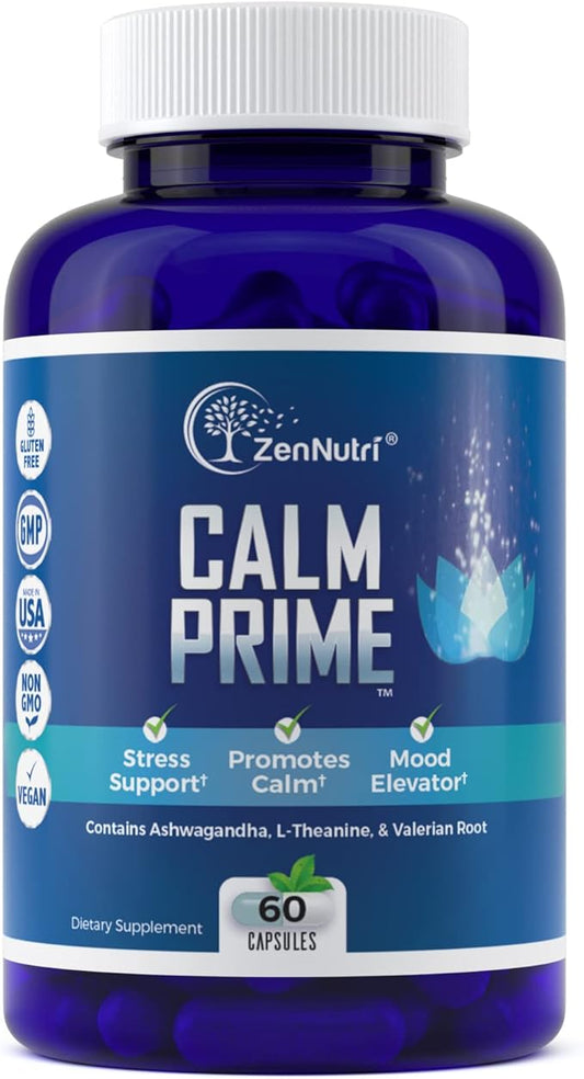 Calm Prime Stress Relief Supplement Non-Drowsy | Mood Support Supplement | Mood Boost | Vegan Daytime Stress Supplements Calm Aid | Stress Vitamins - Ashwagandha, Valerian Root - 60 count