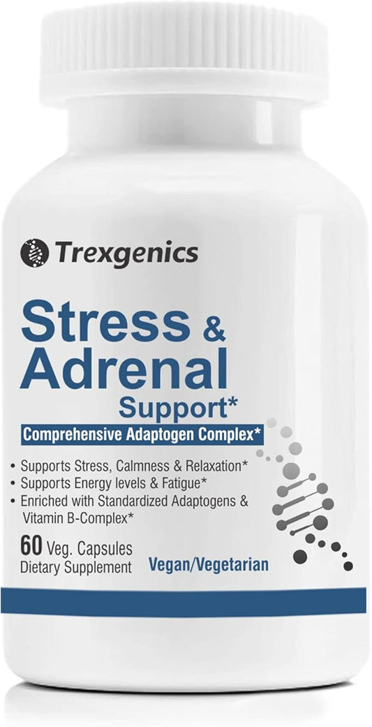 Trexgenics Advanced Stress & Adrenal Support 5X ADAPTOGENS Ashwagandha, Rhodiola, Bacopa Bacosides, Panax Ginseng & Maca + B-Complex(60 Veg Capsules)