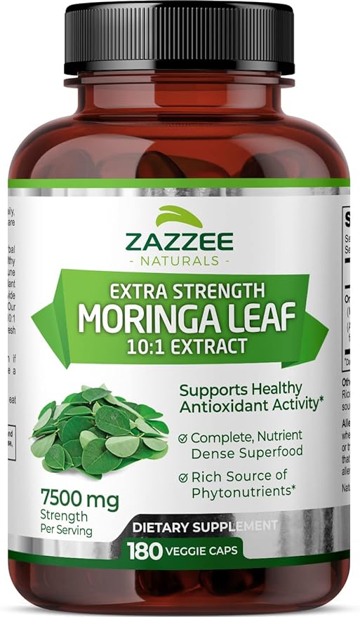 Zazzee Organic Moringa Oleifera Leaf 7500 mg Strength, 180 Vegan Capsules, 10:1 Extract, 100% Pure Superfood, Concentrated and Standardized 10X Leaf Extract, Vegetarian, All-Natural and Non-GMO