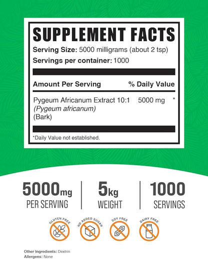 BulkSupplements.com Pygeum Africanum Extract Powder - from Pygeum Bark, Pygeum Supplement - Pygeum Powder, Gluten Free - 5000mg per Serving, 5kg (11 lbs) (Pack of 5)