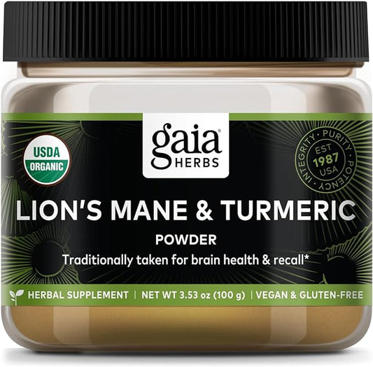 Gaia Herbs Lion's Mane & Turmeric Powder - Herbal Mushroom Supplement Powder to Help Maintain Brain Health and Recall - USDA Certified Organic-3.53 Oz (Up to 45-Day Supply)