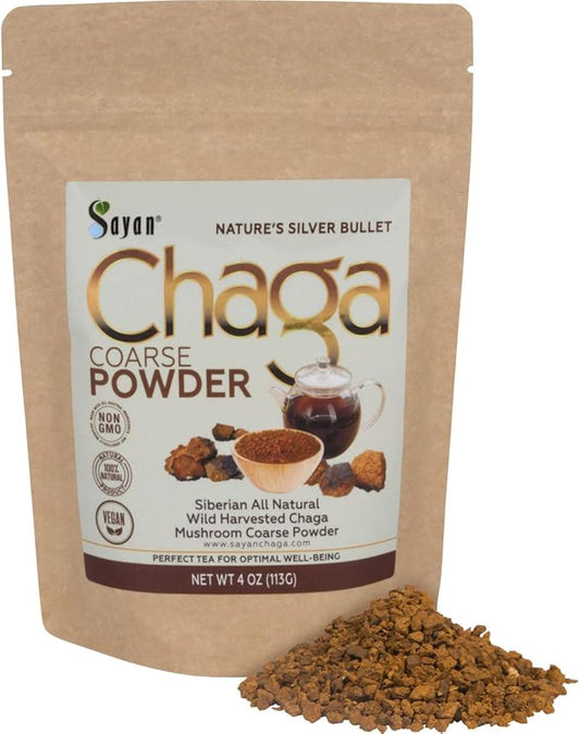 Sayan Siberian Raw Coarse Chaga Powder 4 Oz (113g) Wild Harvested Mushroom Tea, Powerful Adaptogen Antioxidant Supplement for Immune System and Digestive Health