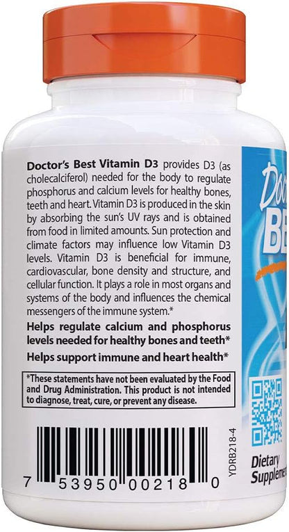 Doctor's Best Vitamin D3 5000IU, Non-GMO, Gluten & Soy Free, Regulates Immune Function, Supports Healthy Bones, White, No Flavour, 180 Count