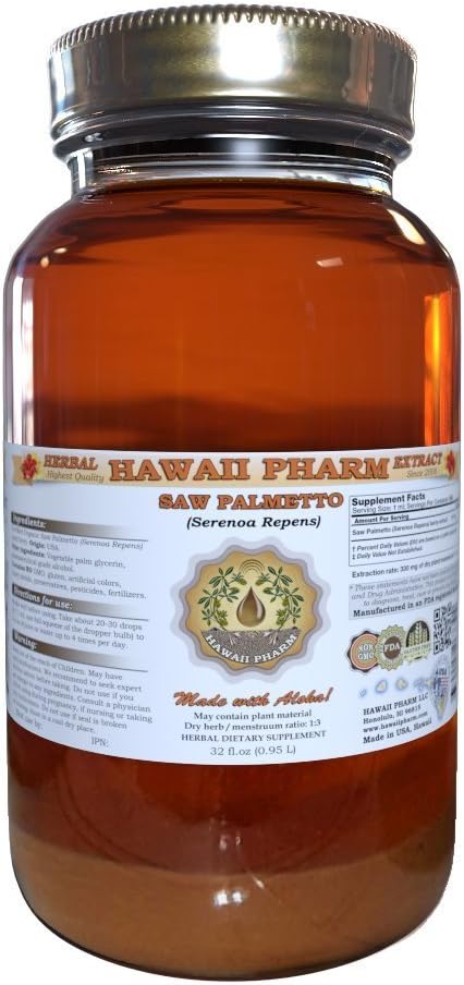 HawaiiPharm Saw Palmetto Liquid Extract, Organic Saw Palmetto (Serenoa Repens) Tincture, Herbal Supplement, Made in USA, 32 fl.oz