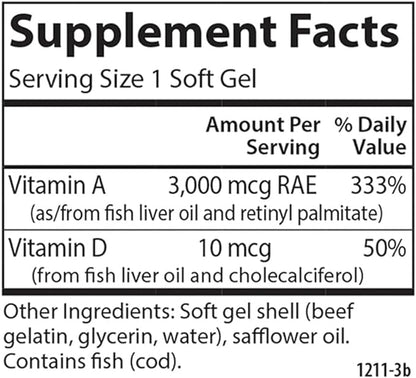 Carlson - A & D, 10000 IU (3000 mcg RAE) Vitamin A, 400 IU (10 mcg) Vitamin D3, Vision Support, Skin Health, 100 Soft Gels