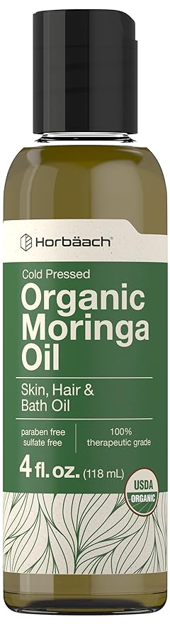 Horbäach Organic Moringa Oil | 4 fl oz | for Face, Hair, and Skin | 100% Therapeutic Grade | Paraben and Sulfate Free, Non-GMO