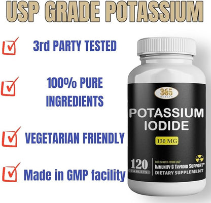 Potassium Iodide Tablets 130 mg - KI Tablets- Potassium Iodine Tablets 130 mg - USA Made Potassium Iodine Pills YODO Naciente, Yoduro de potasio - 120 Tablets