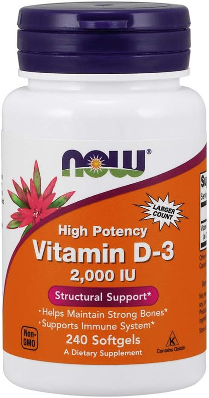 NOW Supplements, Vitamin D-3 2,000 IU, High Potency, Structural Support*, 240 Softgels