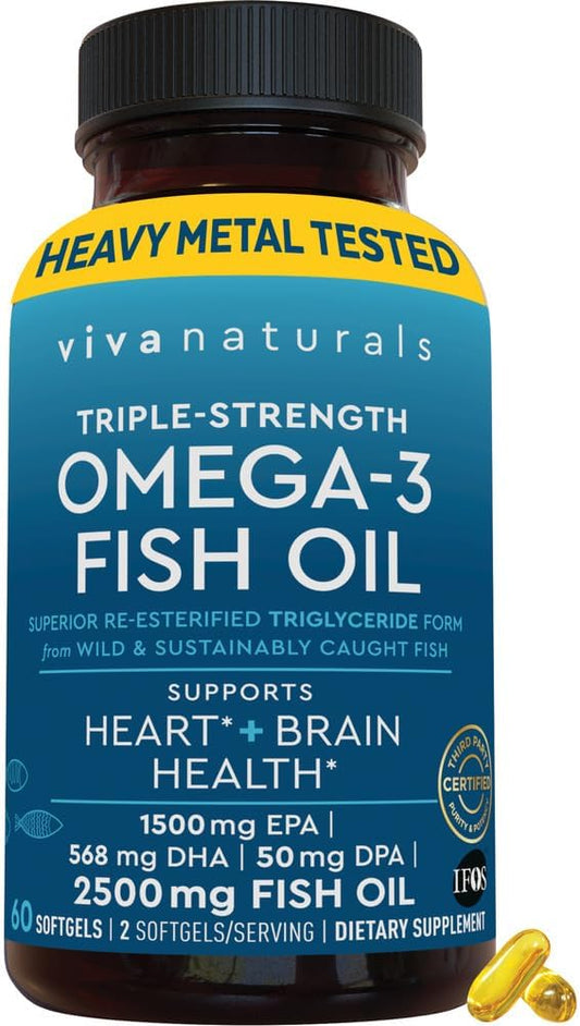 Viva Naturals Triple Strength Omega 3 Fish Oil Supplement - 2500 mg Fish Oil with Re-Esterified Omega 3 Fatty Acids Including EPA, DHA DPA - 60 Pescatarian-Friendly Softgels