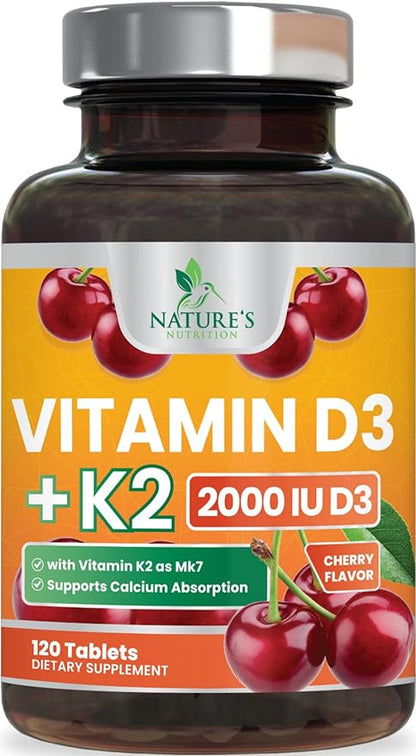 Vitamin D3 K2 as MK-7 with 2000iu of D3 & 75mcg K2, Vitamin K2 D3 Bone Strength Supplements Support Calcium Absorbtion for Teeth & Bone Health + Muscle & Immune Health Support - 120 Chewable Tablets