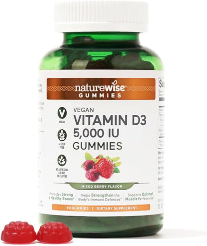 NatureWise Vitamin D3 5000 IU Gummies - Mixed Berry Flavor - Vitamin D Gummies for Adults, Immune Support Supplement, Muscle & Bone Strength - Vegan, Gluten Free, Non-GMO - 90 Gummies[45-Day Supply]