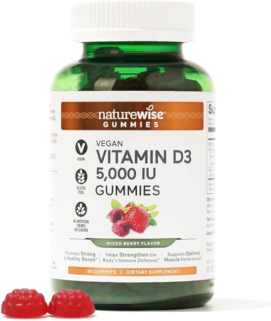 NatureWise Vitamin D3 5000 IU Gummies - Mixed Berry Flavor - Vitamin D Gummies for Adults, Immune Support Supplement, Muscle & Bone Strength - Vegan, Gluten Free, Non-GMO - 90 Gummies[45-Day Supply]