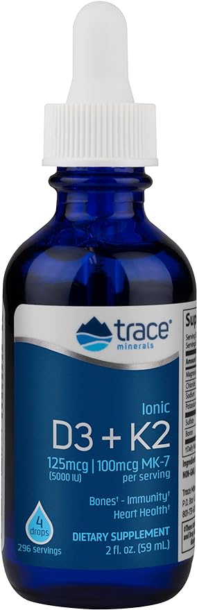 Trace Minerals | Liquid Ionic Vitamin D3 + K2 | 125 mcg (5,000 IU) D3, 100 mcg K2 | Concentrated Dietary Supplement | 2 fl oz. 296 Servings