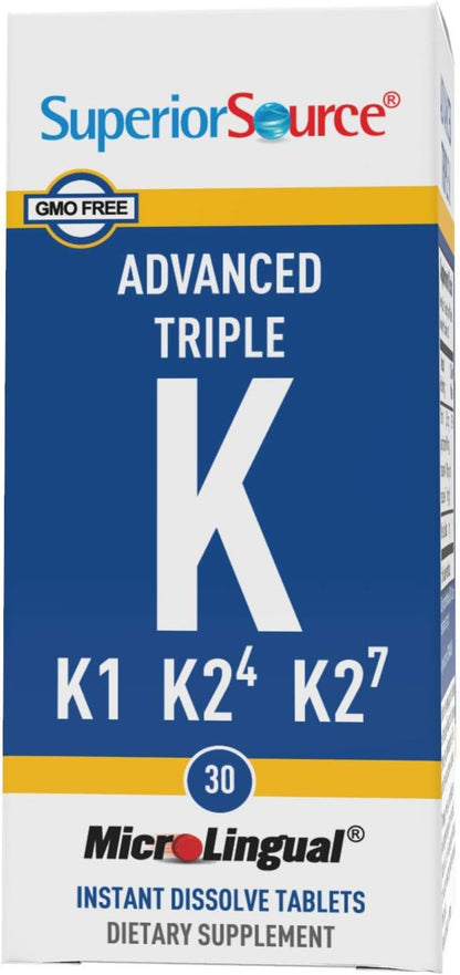 Superior Source Triple K, 3-in-1 Formula, MK-4 500 mcg, MK-7 50 mcg, K1 500 mcg, Quick Dissolve MicroLignual Tablets, 30 Count, Healthy Bones and Arteries, Immune & Cardiovascular Support, Non-GMO