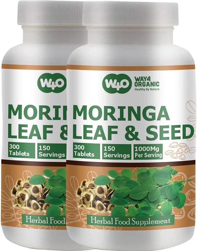 Moringa Oleifera Leaf and Seed Powder (80:20) Ratio 300 Pills(Tablets), 150 Servings, 1000 mg. Uncoated Malunggay Herbal Supplement, No Chemical Coating, Green Superfood. Pack of 2.