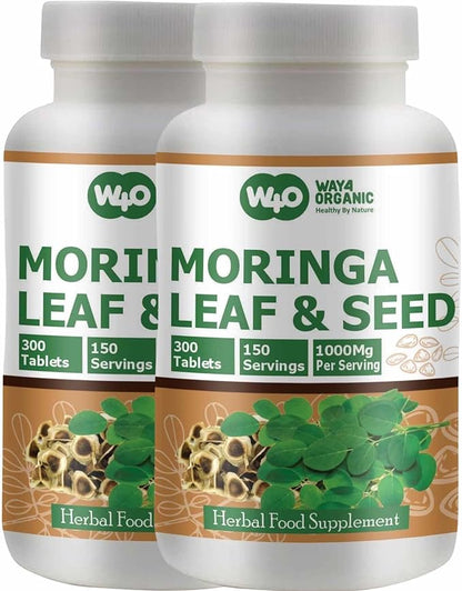 Moringa Oleifera Leaf and Seed Powder (80:20) Ratio 300 Pills(Tablets), 150 Servings, 1000 mg. Uncoated Malunggay Herbal Supplement, No Chemical Coating, Green Superfood. Pack of 2.