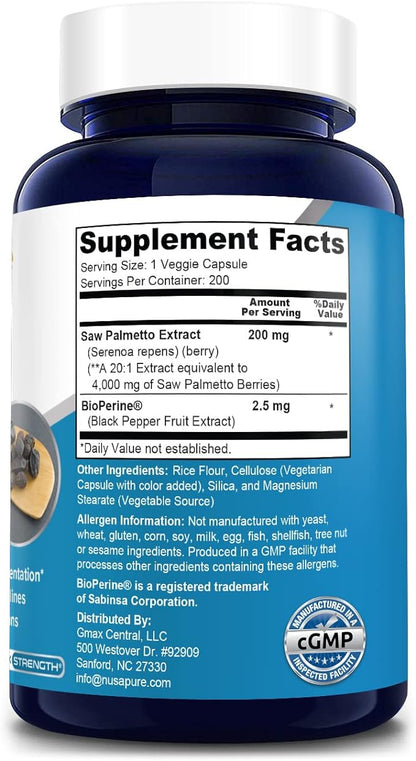 NusaPure Saw Palmetto 4,000mg per Veggie Caps 200 Count (Extract 20:1, Non-GMO, Gluten Free, Vegetarian, Bioperine)