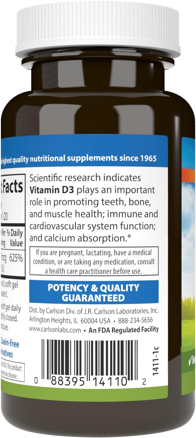 Carlson - Vitamin D3 5000 IU (125 mcg), Bone Health, Muscle Health, Cholecalciferol, Vitamin D Supplements, Vitamin D3 Soft Gels, 120 Softgels