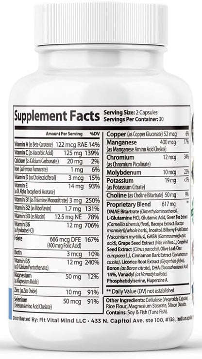 Nootropics Brain Boost Supplement - Focus and Memory Supplement for Brain Health with Vitamins DMAE, Bacopa, Phosphatidylserine - Brain Focus and Performance Blend Cognitive Enhancement, 60 Capsules