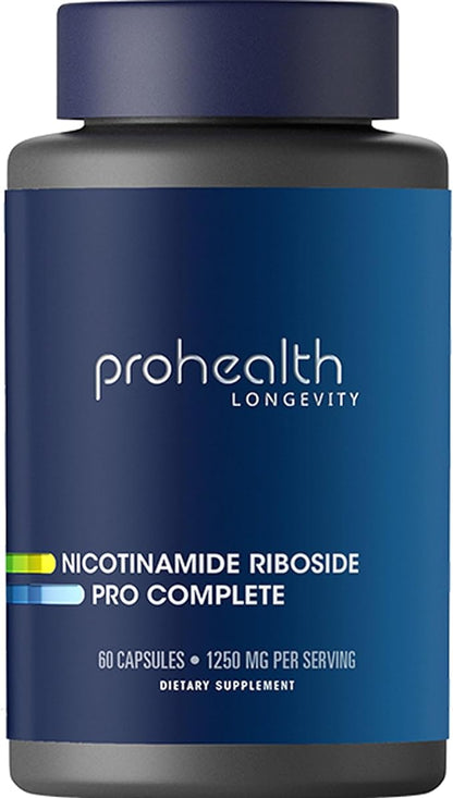 ProHealth Nicotinamide Riboside Pro Complete NAD Supplement. 500mg Patented Niagen NR (The Active Ingredient in NMN), Plus 250mg TMG, Plus 500mg Trans-Resveratrol. Equal to 690mg of NMN. 30 Servings